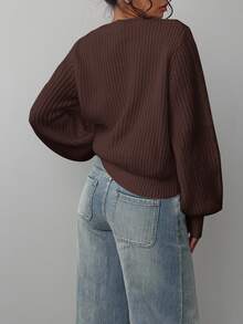 SHEIN BASICS Plus Size Streetwear Retro Long Sleeve Knit Top For Daily Wear - Coffee Brown - View 2