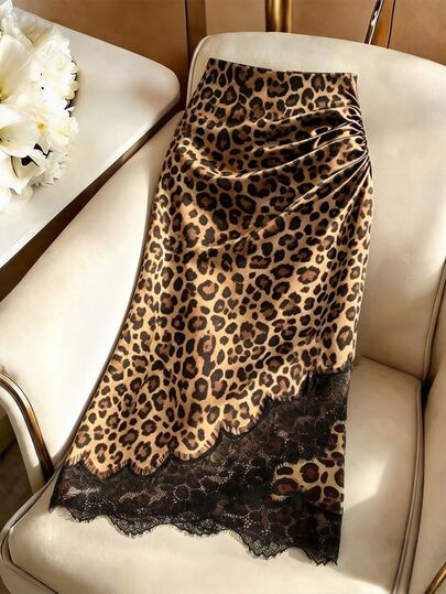 GlowEve Women's Leopard Print Lace Patchwork Pleated Casual Versatile Date Night Skirt Autumn