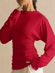 MUSERA 收腰抓皺蝙蝠袖長袖上衣 春夏可愛舒適鄉村風 Spring Dew 春季穿搭 辦公室風 - 紅色 - 查看 2