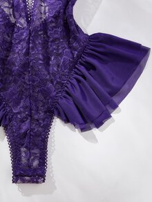 Seduluxe Butterfly Lace Mesh Ruffle Trim Underwire Bra Sheer Sexy Women Jumpsuit - Purple - View 6