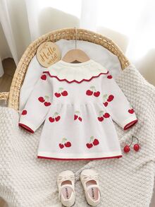 SHEIN Baby Girls' Sweater Dress, Cherry Pattern Big Lace‑Collared Versatile Knit Dress - Beige - View 2