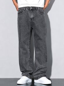 QuarKem Herrjeans i denim med snöflingetvätt, dragsko i midjan och vida ben, avslappnade långbyxor med lös passform och fickor - Grå - Visa 3