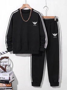 Teen Boy Casual Minimalist Long Sleeve Comfortable Crew Neck Sweatshirt & Pants 2 Pieces Set, Thermal Lined, Suitable For Autumn/Winter - Multicolor - View 4