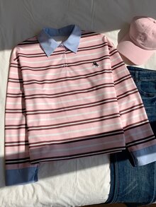 Comfortcana Women's Colorblock Long Sleeve Striped Polo Neck T-Shirt - Pink - View 8