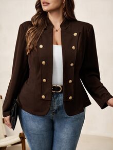 Chikora Plus Size Women's Long Sleeve Double-Breasted Open Front Jacket - Coffee Brown - View 1