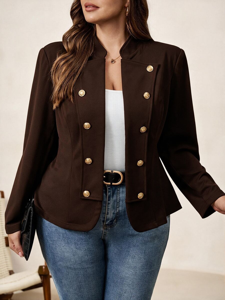 Chikora Plus Size Women's Long Sleeve Double-Breasted Open Front Jacket - Coffee Brown - View 1