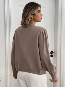 Sprig & Strand Women's Autumn New Single Piece Round Neck Embroidered Fresh Shoulder Pleat Design Classic Rope Pattern Slim Fit Short Knit Cardigan Top, Versatile Fashion Daily Wear - Brown - View 2