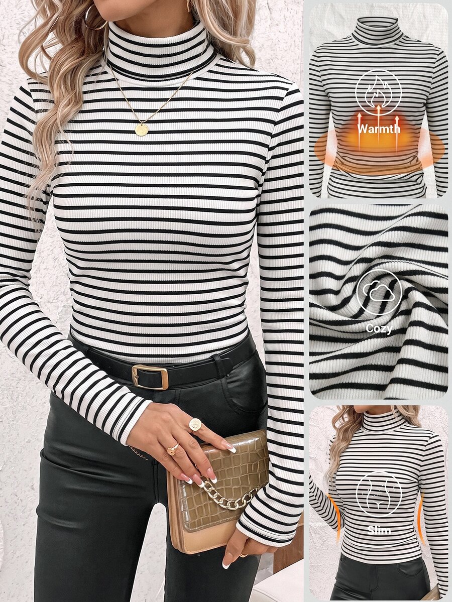 SHEIN Clasi Women's Stand Collar Ruched Waist Warm Fleece T-Shirt - Multicolor - View 1