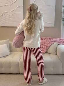 DAZY Halloween Themed Pattern Autumn/Winter Soft Knit Comfortable Half-Fleece 2 Pieces Loungewear Pajama Set For Women - Red - View 2