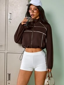 SHEIN Sovereign Charm Women's Striped Colorblock Drawstring Zipper Sports Sweatshirt - Brown - View 6