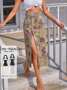 Jeanoix Petite Women's Floral Pattern Button Decor High Slit Denim Skirt - Multicolor - View 1