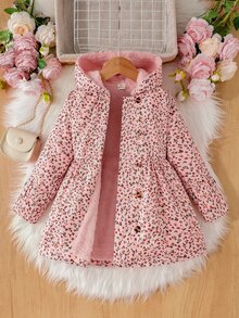 Souflis Souflis 女童冬季外套 淡粉色碎花印花保暖內裡連帽雙排扣時尚長袖夾克 適合日常休閒可愛田園風穿搭 - 粉色 - 查看 4