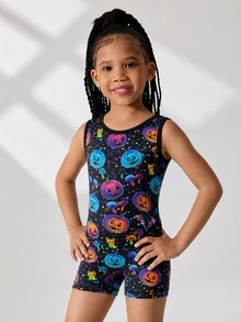 Young Girls Halloween Pumpkin Print Sports Romper, Children Dance Gymnastics Leotard, High Elasticity Romper - Multicolor - View 5