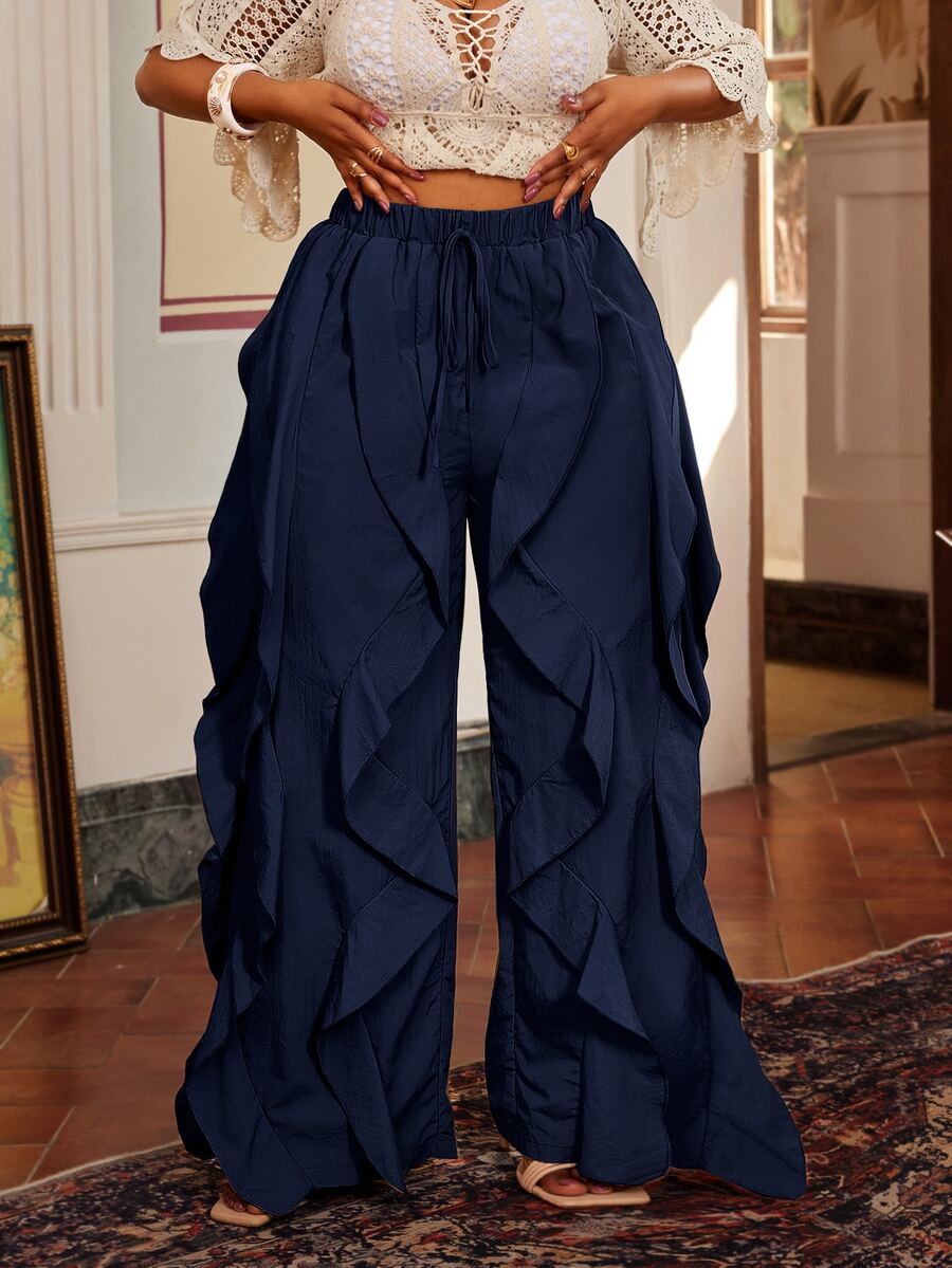 Maweii Plus Size Design Drawstring Waist American Style Versatile Ruffle Pants - Navy Blue - View 1