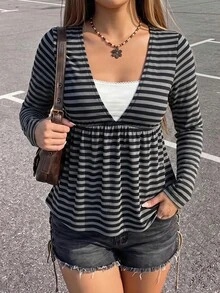 Women's Autumn/Winter New Hot-Selling Striped Print Pattern Casual Versatile Long Sleeve Plus Size T-Shirt - Multicolor - View 1