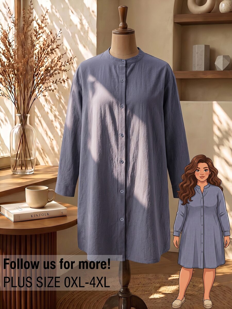 Rusticease Plus Size Women's Solid Color Round Neck Long Sleeve Single-Breasted Long Shirt Fall - Grey - View 1