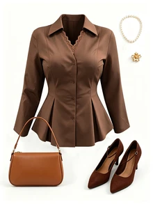 GlowEve CURVE Plus Size Collared Lace Trim Elegant Cinched Waist Ruched Long Sleeve Blouse - Brown - View 1