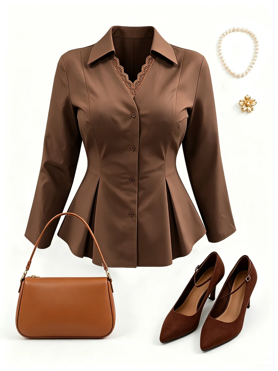 GlowEve CURVE Plus Size Collared Lace Trim Elegant Cinched Waist Ruched Long Sleeve Blouse - Brown - View 1