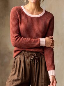 Linhara CURVE Women Plus Size Round Neck Solid Color Ribbed Contrast Patchwork Long Sleeve T-Shirt Autumn Winter Casual/Country Style/Top T-Shirt - Redwood - View 6