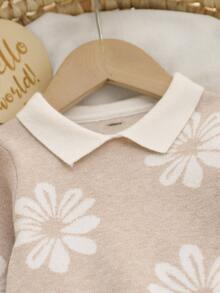 SHEIN Baby Girls Knit Sweater Dress, Lapel Floral Knit Dress - Apricot - View 3