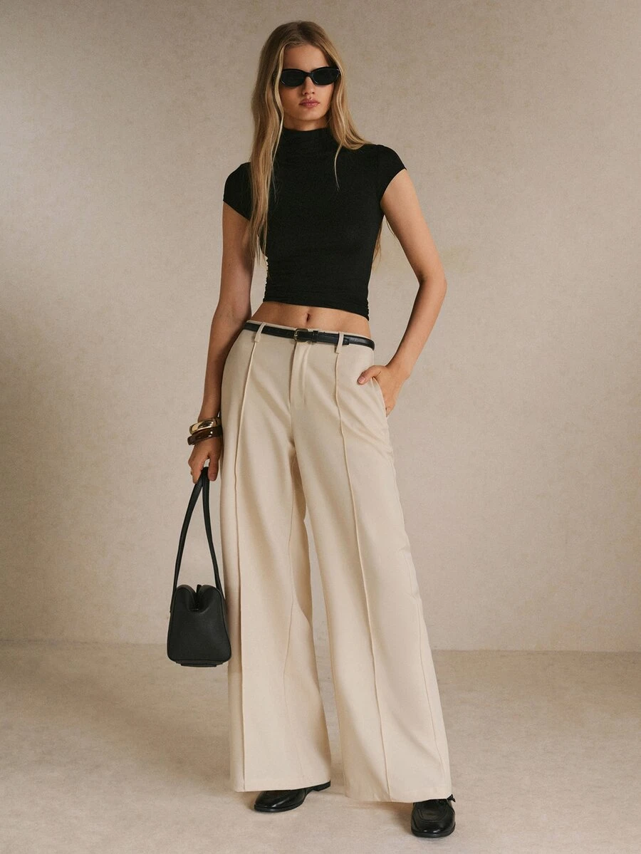Poéselle Women's Solid Color Toothpick Stripe Design Wide Leg Loose Long Pants - Apricot - View 1