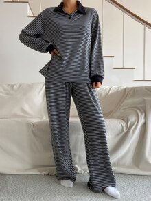 DAZY Women's Collared Button Long Sleeve Top & Striped Long Pants Loungewear Set - Grey - View 5