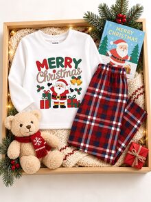 Young Boy Christmas Pattern Knitted Soft Crew Neck Long Sleeve Pullover Sweatshirt & Elastic Waist Long Pants 2pcs Set Kids - White - View 5