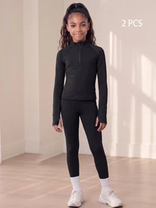 SHEIN Tween Girls Solid Color Fashion Long Sleeve Top And Pants Sports Outfit Set Gym Workout Black Autumn Modest Athletic Gym Workout Jogging - Black - View 5