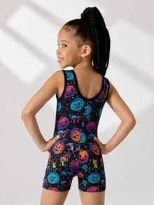 Young Girls Halloween Pumpkin Print Sports Romper, Children Dance Gymnastics Leotard, High Elasticity Romper - Multicolor - View 2