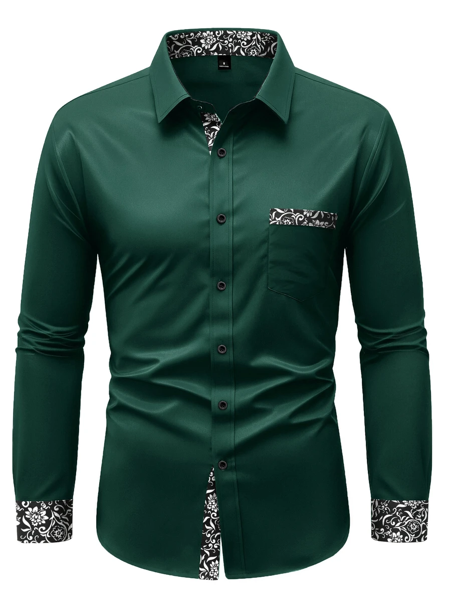 Manfinity Bizformal Men's Shirt Selection - Craftsmanship Collection: Stylish Patchwork Business Casual Long-Sleeve - Dark Green - View 1