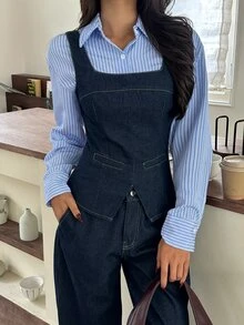 Rivivi Women's Denim Tank Top And Denim Pants Set Everyday Traveling Summer Streetwear - Dark Wash - View 8