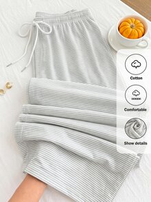 Comfortcana 秋冬款黑白條紋休閒百搭抽繩大尺碼長褲 - 白色 - 查看 9