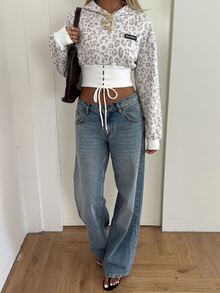 SHEIN EZwear 豹紋字母拼接前綁帶寬下擺短版連帽衛衣 - 彩色 - 查看 4