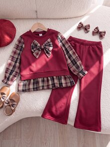 SHEIN Playful Pals (少女款)可愛藍色花卉裝飾舒適時尚拼接條紋長袖假兩件上衣與休閒喇叭褲 2件組T恤套裝 - 酒紅色 - 查看 1