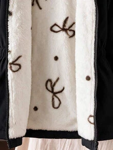 SHEIN Elladie kids 1件女童冬季新款蝴蝶結波點圖案抓絨內裡拉鍊開襟外套，腰部鬆緊帶連帽夾克，加厚保暖大衣，適合日常穿著、旅行、返校季 - 黑色 - 查看 5