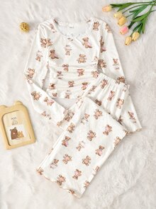 SHEIN Teen Girl Teen Girl Sweet Simple Cute Bear Pattern Round Neck Ruffle Trim Gathered Hem Long Sleeve Extended Pants Soft Comfortable Home Sleepwear Set 2pcs - Multicolor - View 2