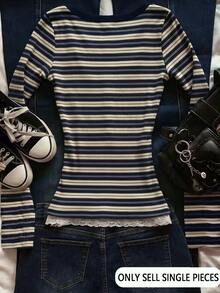 IslaSuriya Women's Digital Print Square Neck Button Striped Long Sleeve T-Shirt - Multicolor - View 2