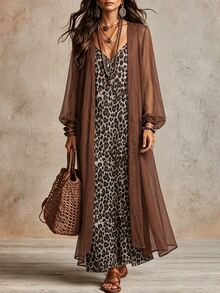 LUMIGAL Women's Chiffon Long Sleeve Long Jacket + Leopard Print Spaghetti Strap Dress Two Pieces Set - Multicolor - View 1
