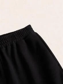 SHEIN EZwear 女款大尺碼舒適寬鬆純色極簡風兩件式長褲 - 黑色 - 查看 4