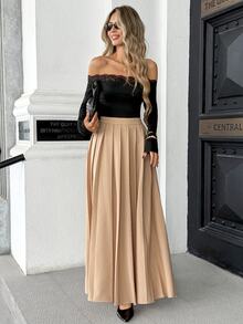 Pariaura Rok Maxi Wanita Warna Polos Bahan Linen Imitasi dengan Lipatan dan Hem Longgar, Elegan, Modis, dan Serbaguna - Khaki - View 3