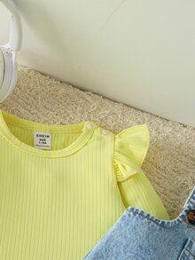 SHEIN 2pcs Baby Girls Denim Overalls Cute Yellow Blue Bee Flower Embroidery Ruffle Flutter Sleeve Birthday Party Fall White Top Birthday Girl Ribbed Knit - Yellow - View 5