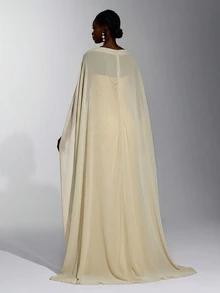 Elitara Elegant Minimalist Classical Chiffon Shawl Strapless Handmade Pleated Fishbone Internal Corset Waist Bodycon Slit Train Long Dress Cream Fall - Yellow - View 2