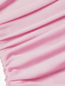 Skyraze Women's Solid Color Asymmetrical Shoulder Flared Sleeve Ruffle Hem Pleated Dress - Pink - View 4