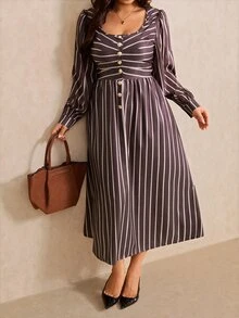 Elaquor Plus Size Women's Striped Button Half-Placket Long Sleeve Casual Dress - Multicolor - View 4