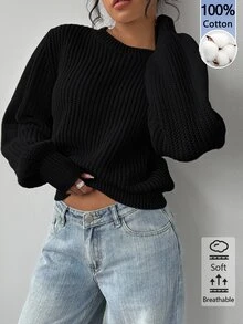 SHEIN BASICS Women's Solid Color Round Neck Long Sleeve Casual Versatile Sweater - Black - View 4