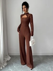 Elenzga Autumn/Winter Daily Commute Minimalist Slim Fit Lace High Neck Floral Lace Patchwork Ribbed Slimming Flared Jumpsuit Solid Dark Coffee Color Women's Jumpsuit - Coffee Brown - View 6