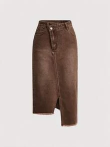 SHEIN MOD Women's Denim Skirt, Casual And Sexy With A Front Slit And Asymmetrical Hem, Blue. - Brown - View 2