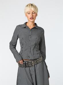 COUREZ FITTED LONG SLEEVE ASYMMETRIC BUTTON UP SHIRT - Black and White - View 4