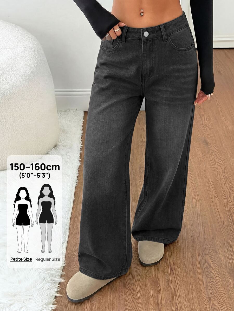 SHEIN PETITE 女款街頭時尚鈕扣口袋寬鬆牛仔長褲 - 黑色 - 查看 1