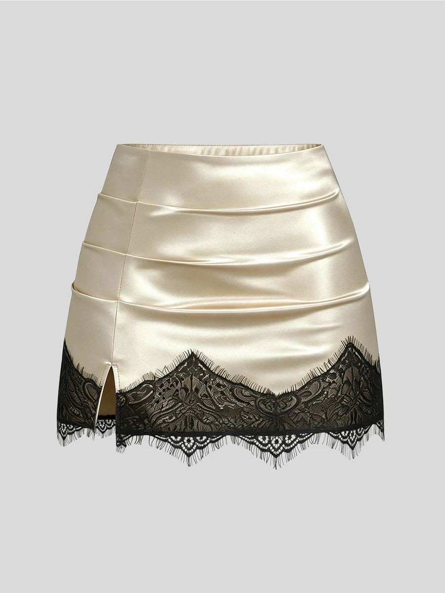 Sweetra Plus Size Autumn Winter Elegant Sexy Satin Slim Fit Ruched Lace Patchwork Bodycon Mini Skirt - Light Yellow - View 1